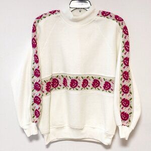 Vintage Justin Allen Knit Roses Women Fleece‎ Cream Long Sleeve Sweatshirt Small